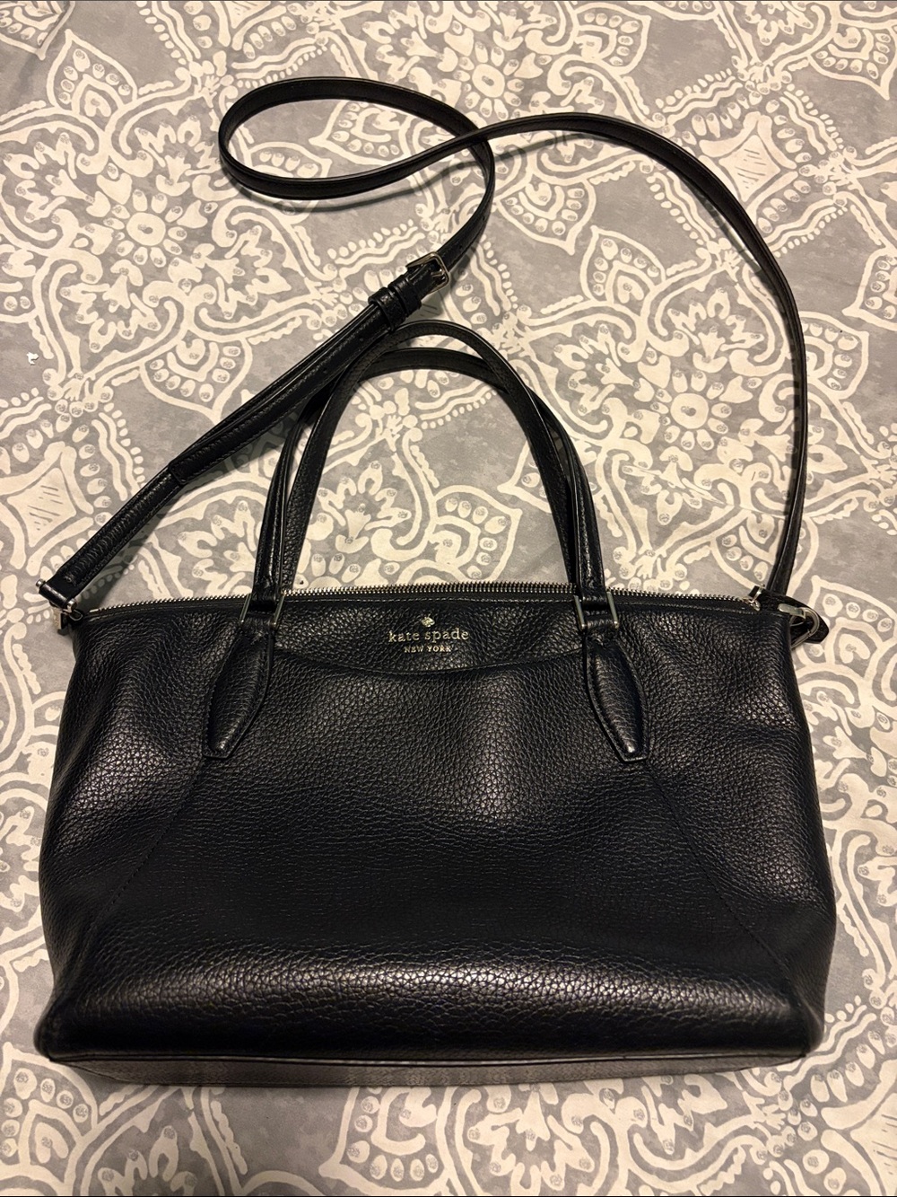 Kate Spade Black Pebbled Leather Top-Handle Shoulder Bag with Crossbody Strap